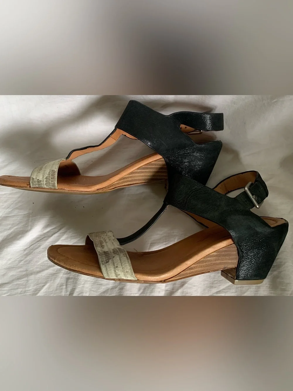 gentle souls Black and Beige Snake-Print T-Strap Sandals
